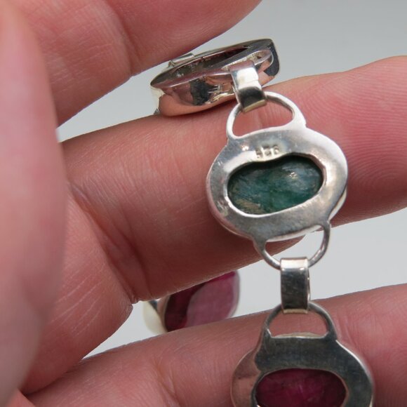 Emerald & Ruby Massive Bracelet Sterling Silver 7" & 8"